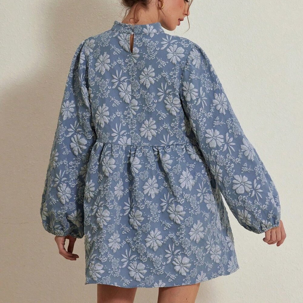 Blue Elegant Women's Textured Floral Lantern Sleeve A-Line Mini Dress - Picture 2 of 6
